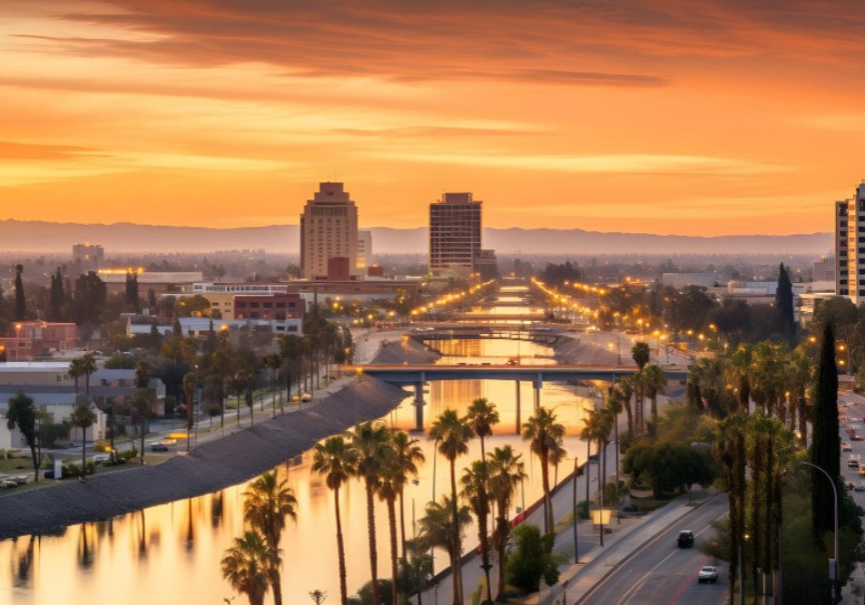 Sunset aerial view of downtown riverside california