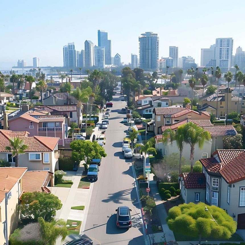 San Diego homeowners association community with residential homes and palm trees